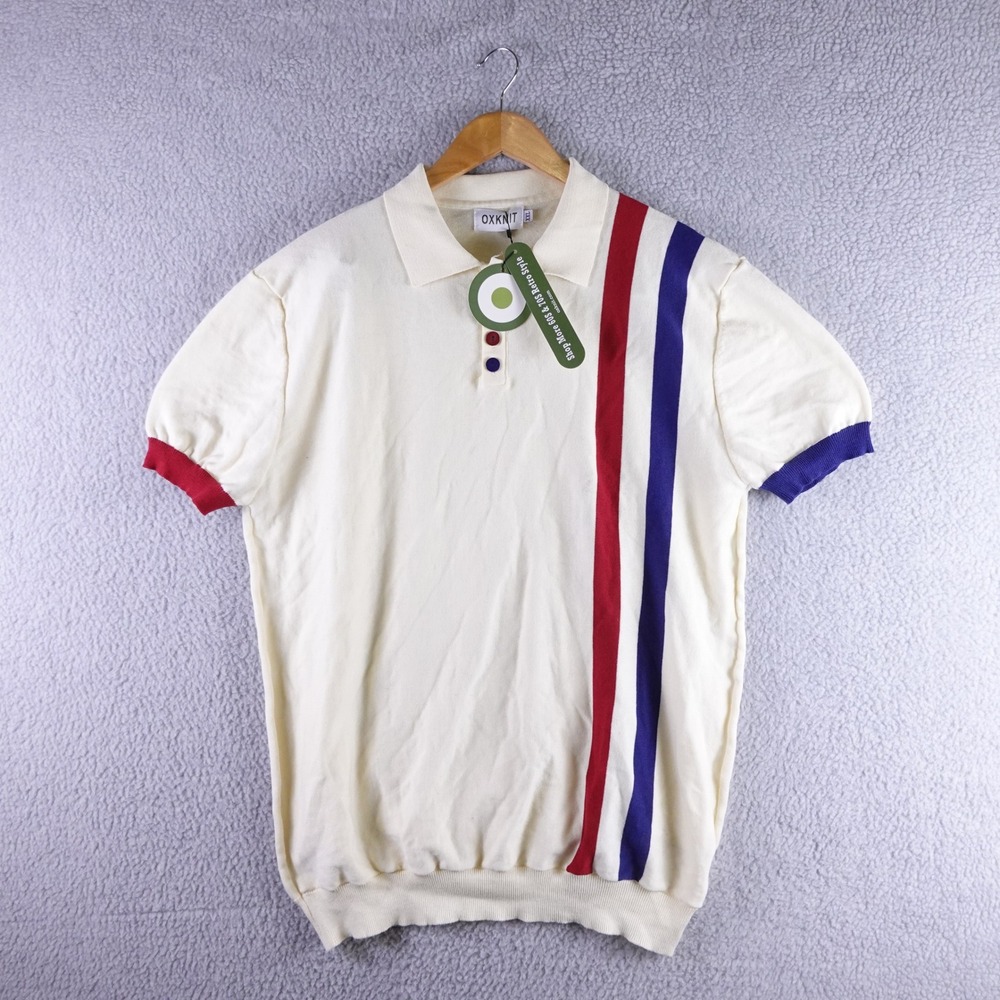 OXKNIT Mens Retro 60s 70s Striped Knit Polo Shirt Cream XXL NWT